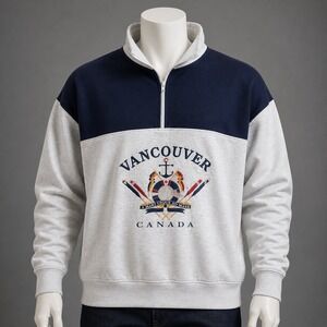Vintage Victory Sportswear Vancouver Canada Quarter Zip Sweatshirt Gray Navy XL